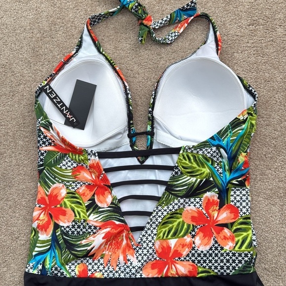NWT Jantzen Plunge V Neck Halter Tie Wireless Floral One Piece Swimsuit Size 16 - Picture 4 of 8